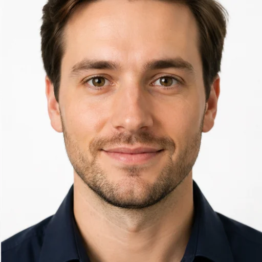 After — fictional white studio headshot result, same subject
