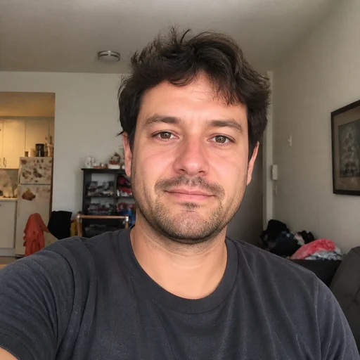 Before — fictional casual source photo for Bookshelf Background Headshot, same subject