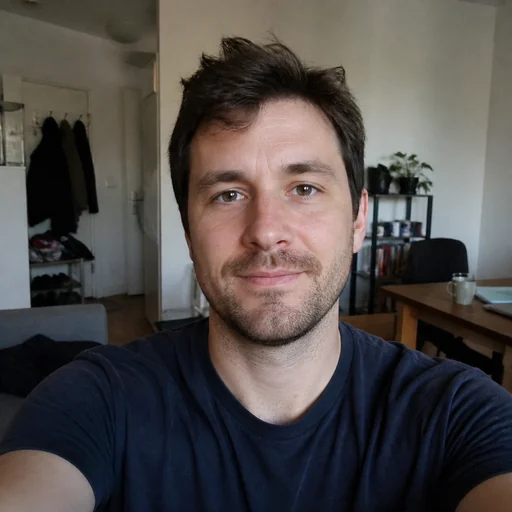 Before — fictional ordinary smartphone source photo for Close-up Professional Headshot, same subject