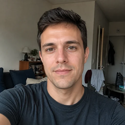 Before — fictional ordinary smartphone source photo for Office Background Headshot, same subject