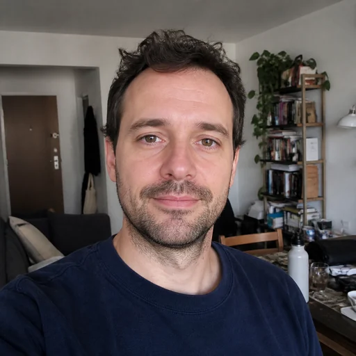 Before — fictional casual source photo for Standing Office Portrait, same subject