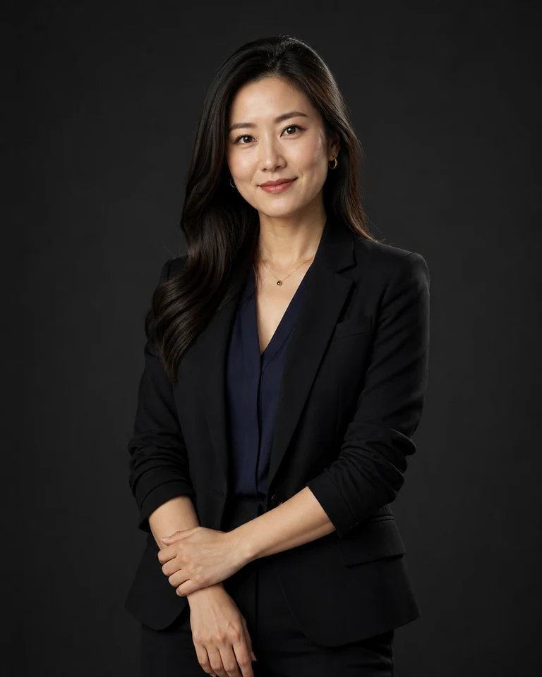 Fictional AI-generated female dark executive studio waist-up portrait