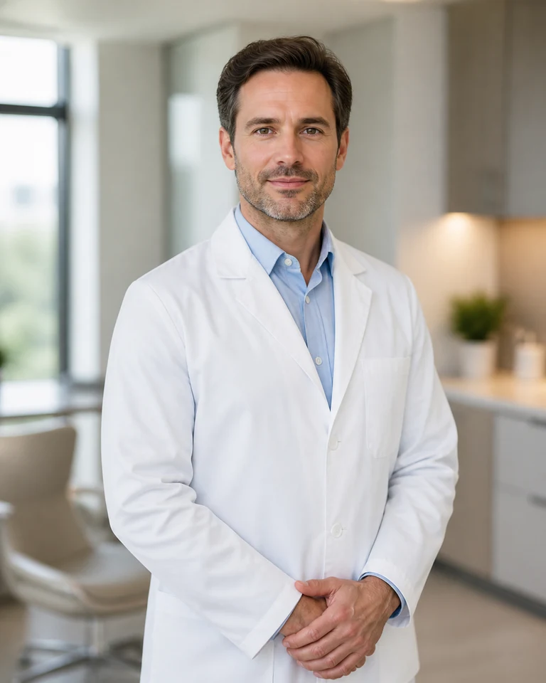 Fictional AI-generated waist-up doctor portrait in a modern clinic