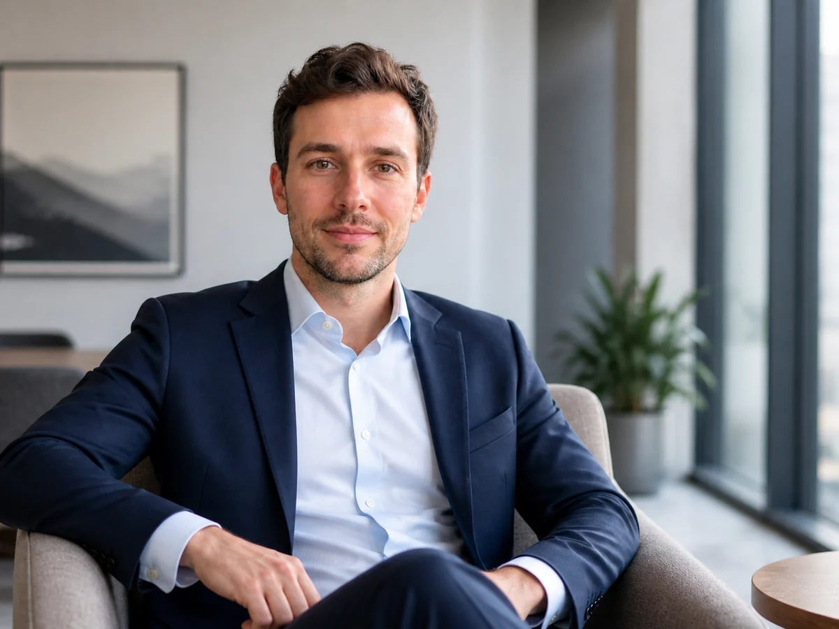 Fictional AI-generated featured consultant portrait in a modern consulting office