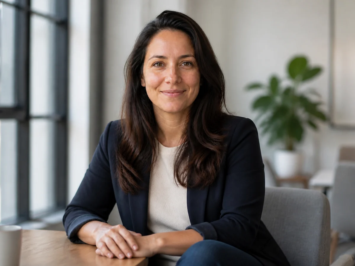 Fictional AI-generated featured product manager portrait in a modern workspace