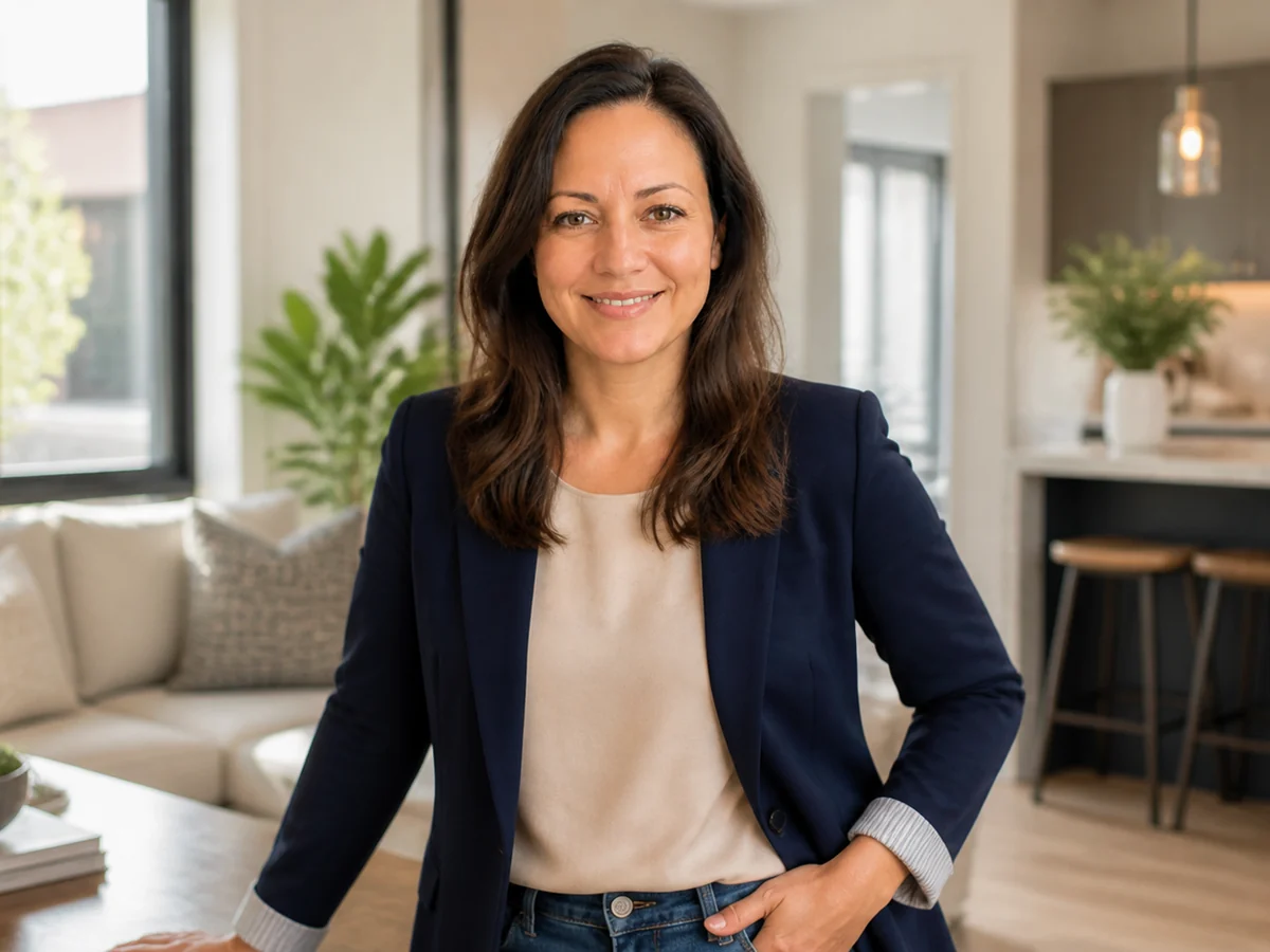 Fictional AI-generated featured real estate agent portrait in a bright modern property setting
