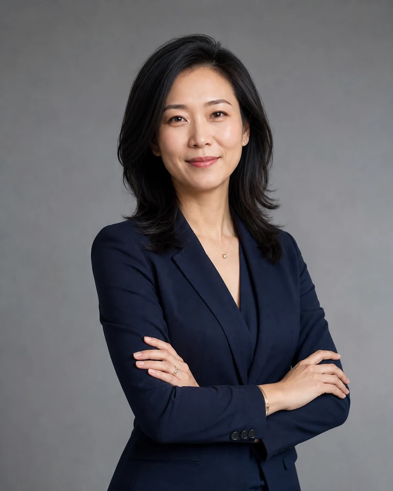 Fictional AI-generated vertical gray studio executive portrait with relaxed crossed arms