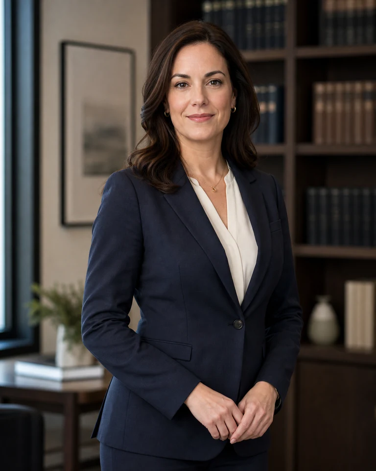 Fictional AI-generated vertical lawyer portrait with a restrained three-quarter counsel pose