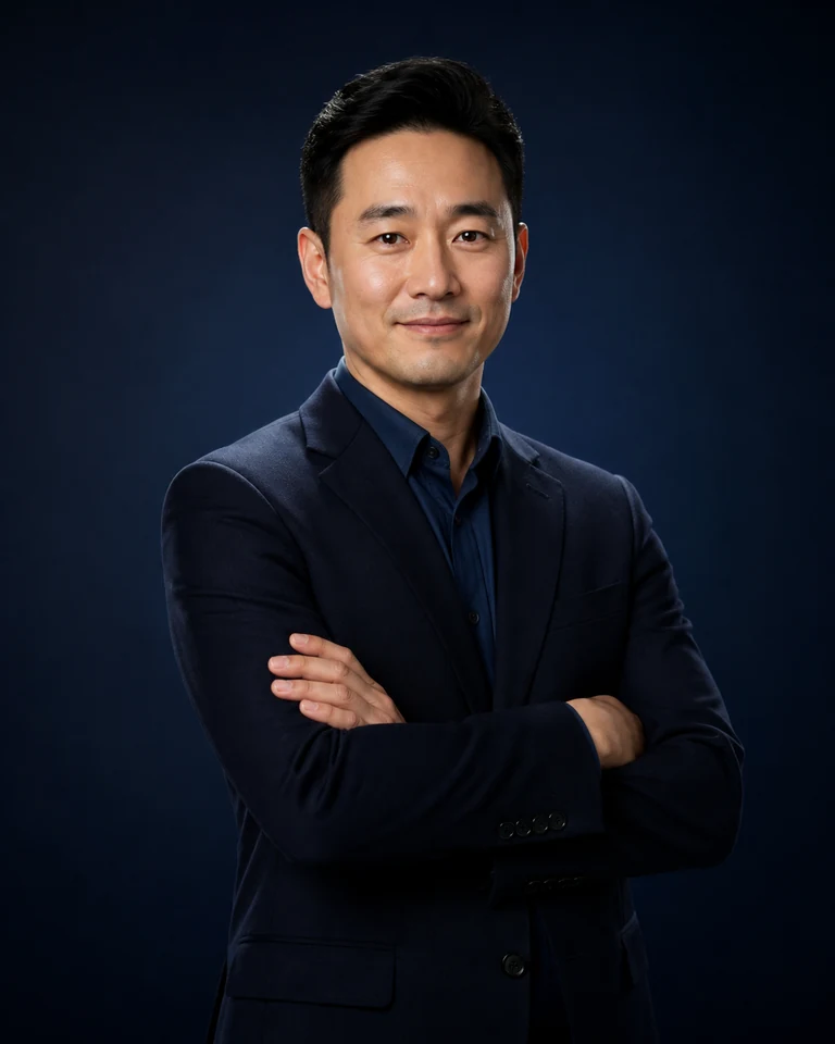 Fictional AI-generated male deep navy studio waist-up professional portrait