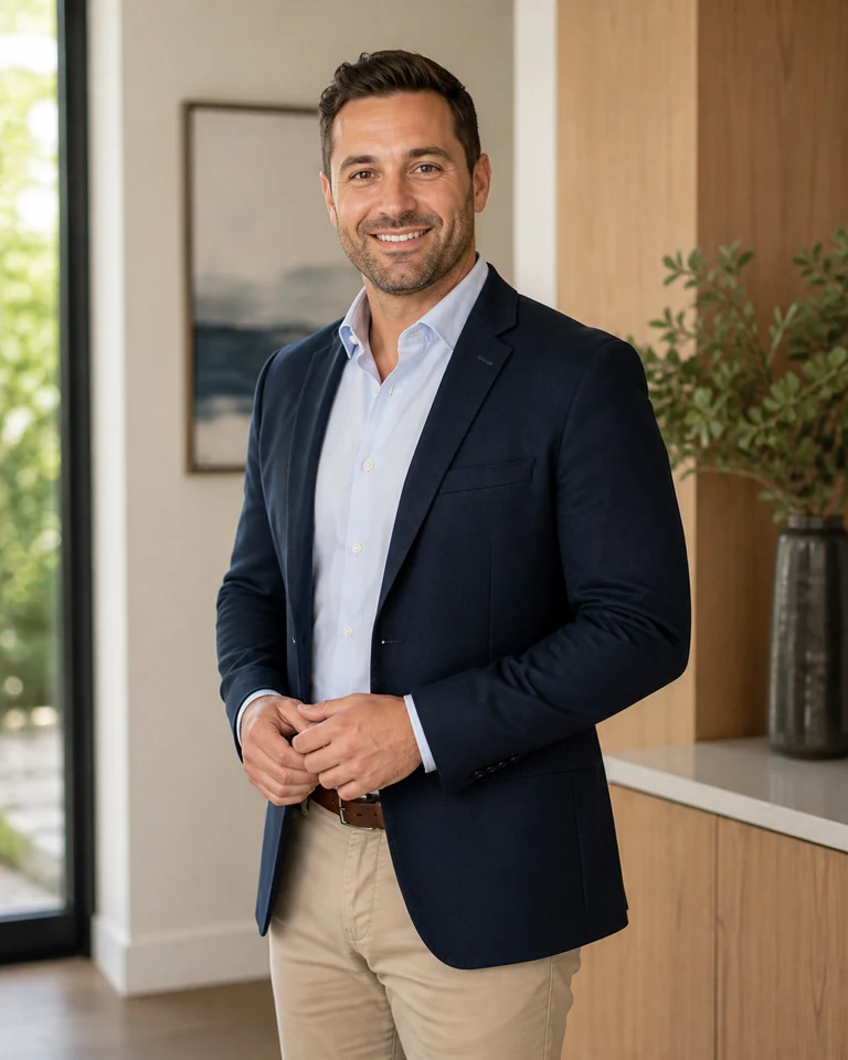 Fictional AI-generated vertical standing real estate professional portrait in a bright property setting