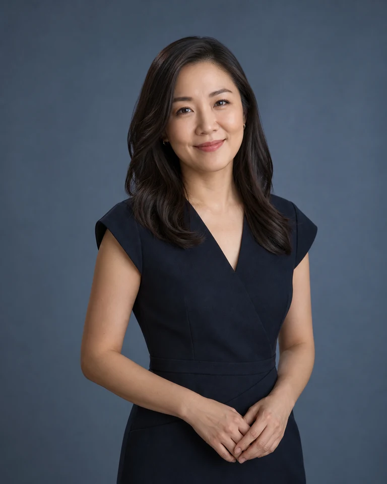Fictional AI-generated female soft blue studio waist-up professional portrait