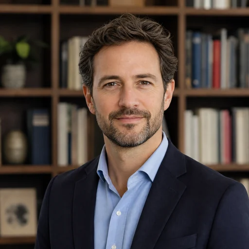 Fictional AI-generated male bookshelf background headshot sample