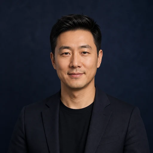 Fictional AI-generated male deep navy studio professional headshot