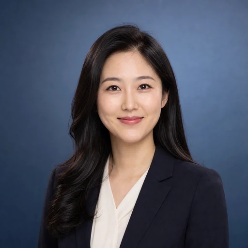 Fictional AI-generated female soft blue studio professional headshot