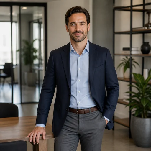 Fictional AI-generated male standing office portrait sample