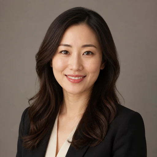 Fictional AI-generated female warm gray studio professional headshot