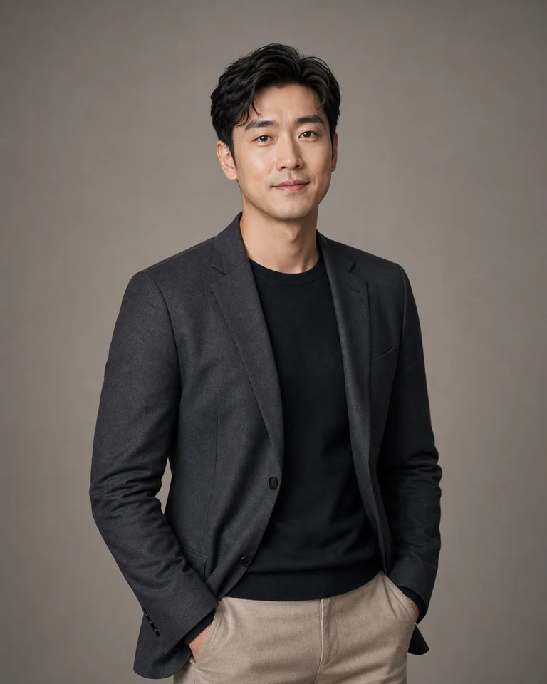 Fictional AI-generated male warm gray studio waist-up professional portrait